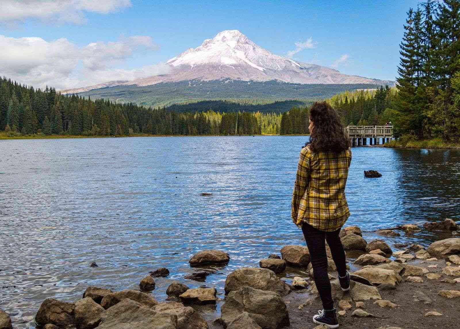 Nina looking out at Trillium Lake and Mount Hood