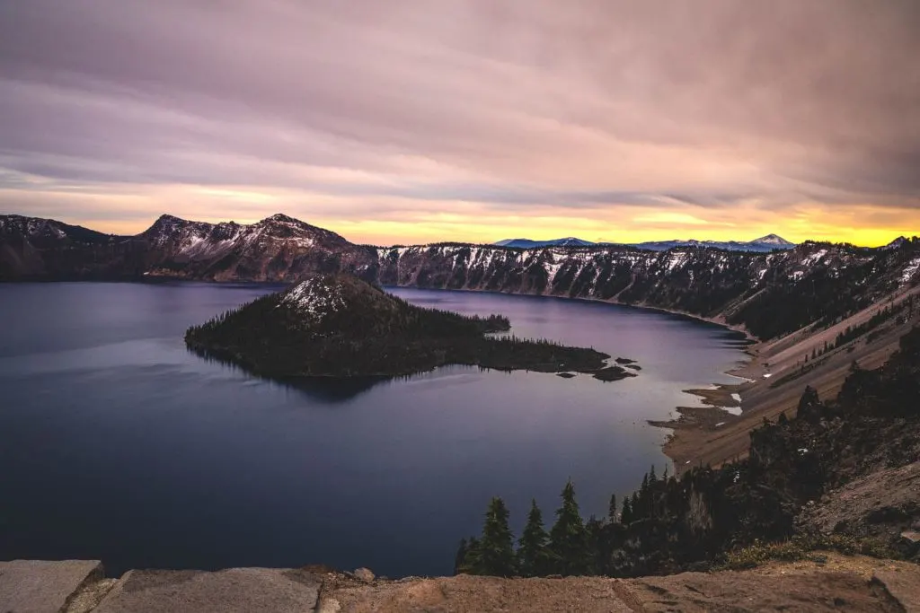 Dawn over the lake on the Crater Lake Rim Drive