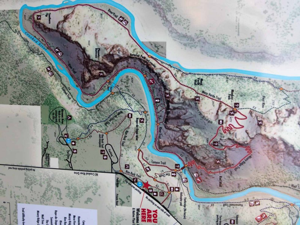 Mapa s vyznačením tras Misery Ridge Trail.