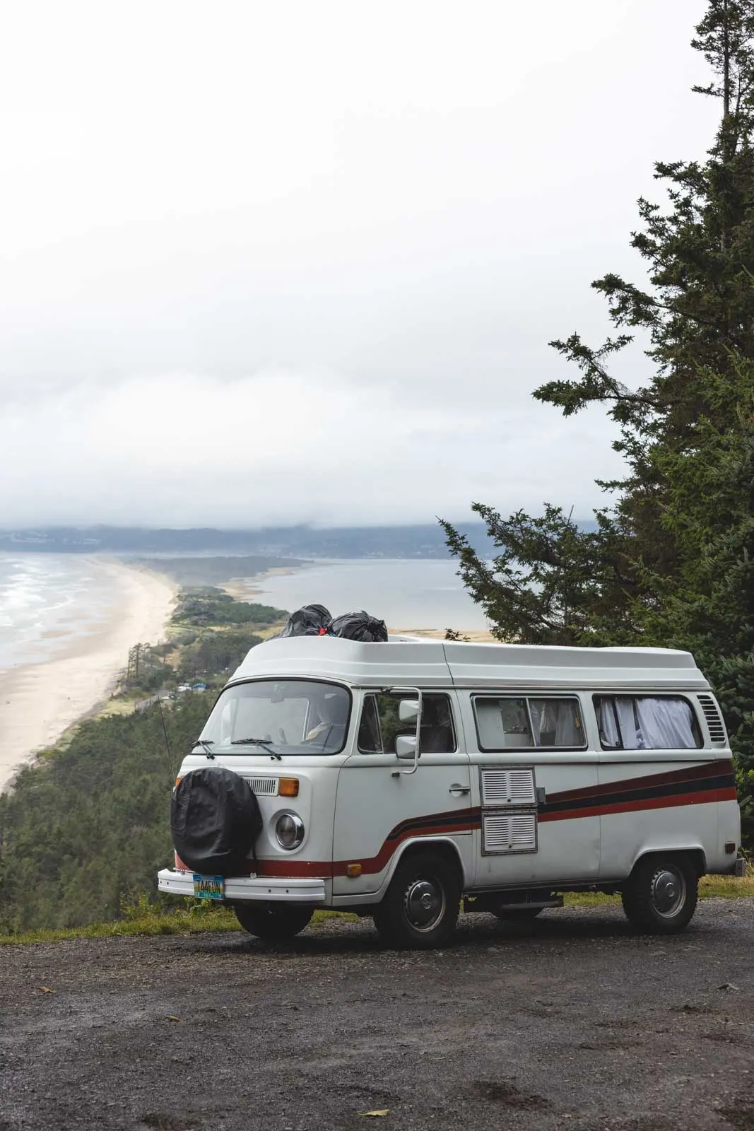 VW van in front of beach and sea view at Cape Lookout - one of the Oregon Coast State Parks
