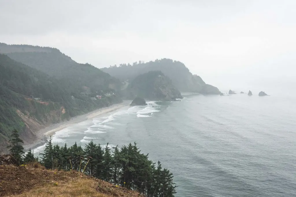 Ocean and beach view from above at Cape Meares State Park, one of the Oregon Coast State Parks