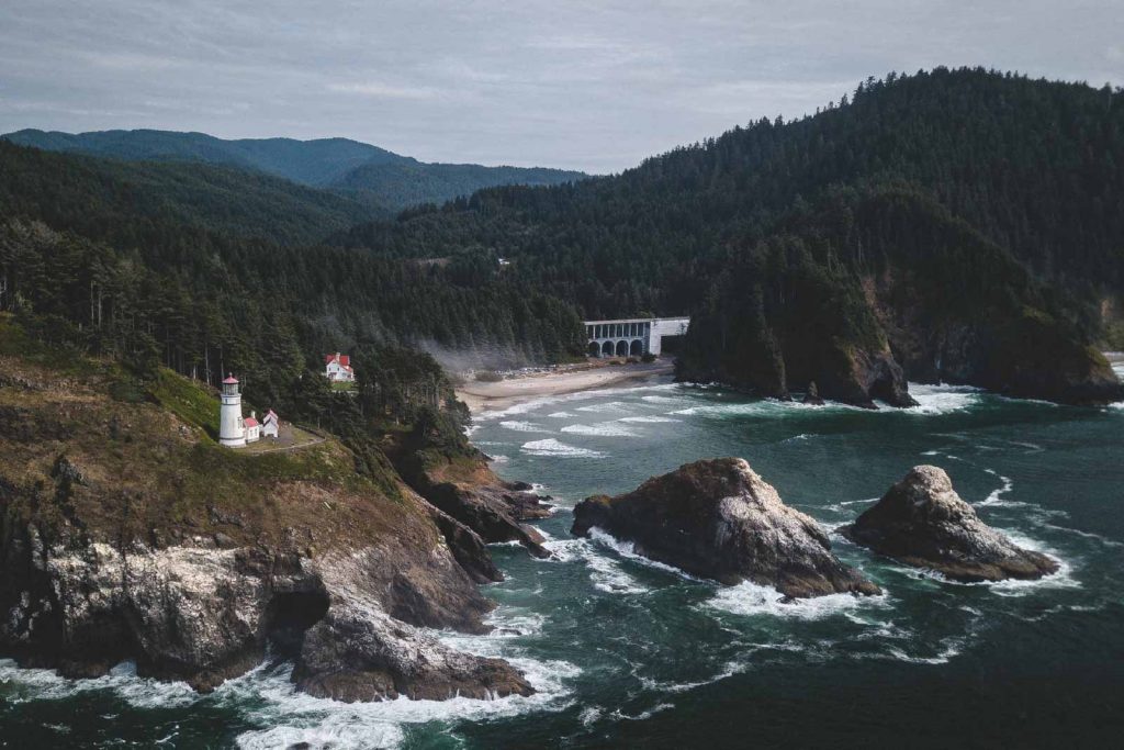 View of Oregon coast and Heceta Lighthouse, a popular Oregon Lighthouse