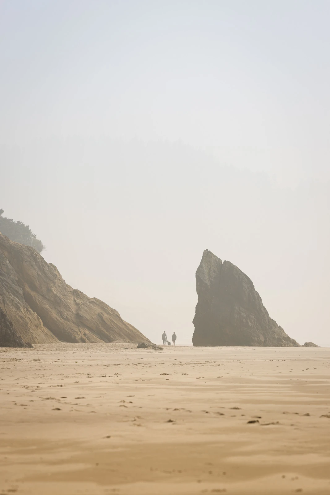 Foggy beach and large rocks at Hug Point Oregon Coast State Park