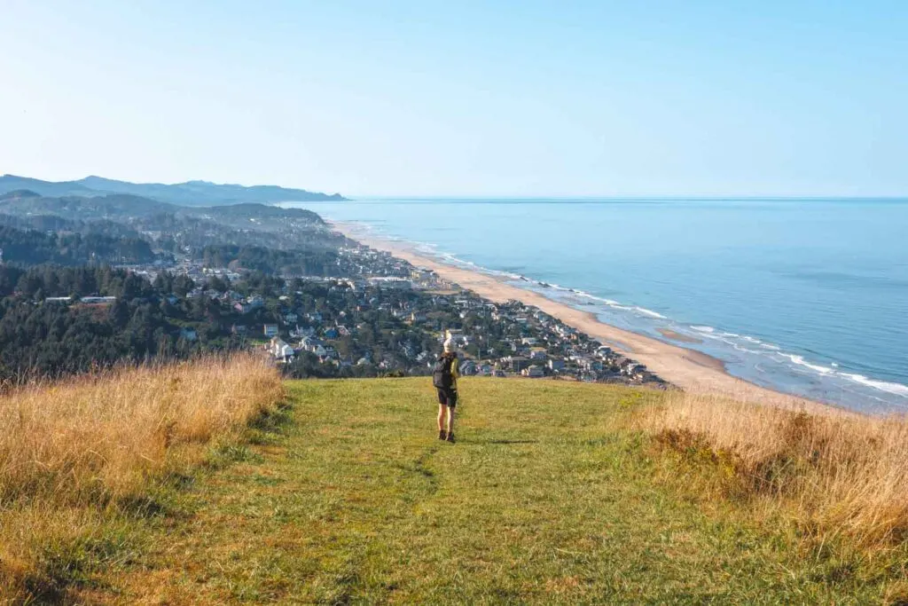 Person standing at viewpoint over beach and ocean on The Knoll