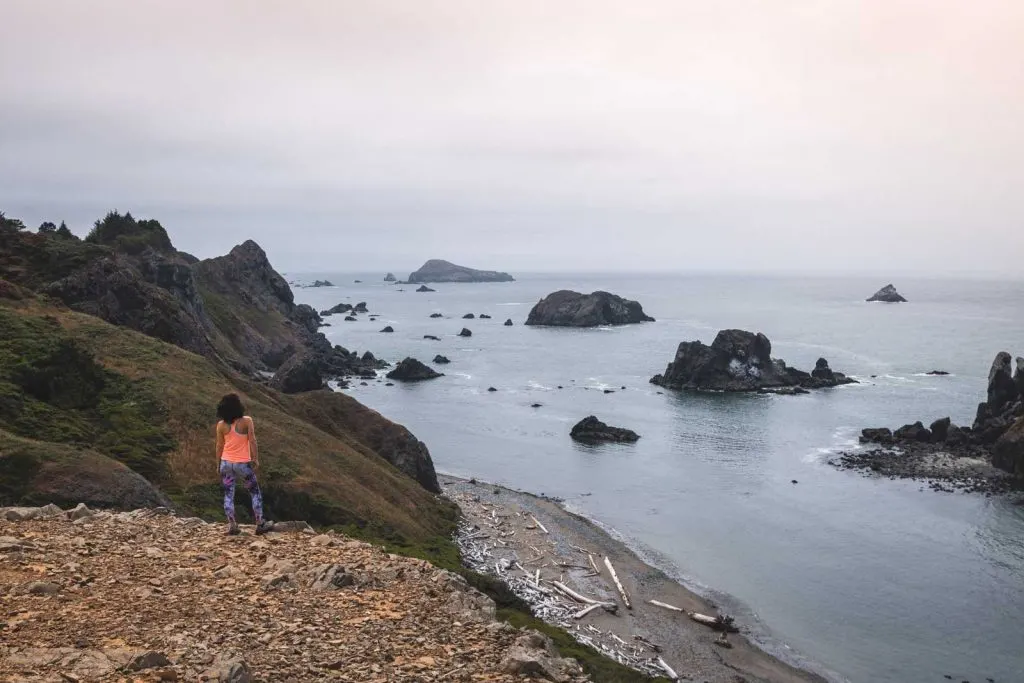 Person standing on cliff and looking out to the ocean and rocky islands in Samuel H Boardman, one of the Oregon Coast State Parks