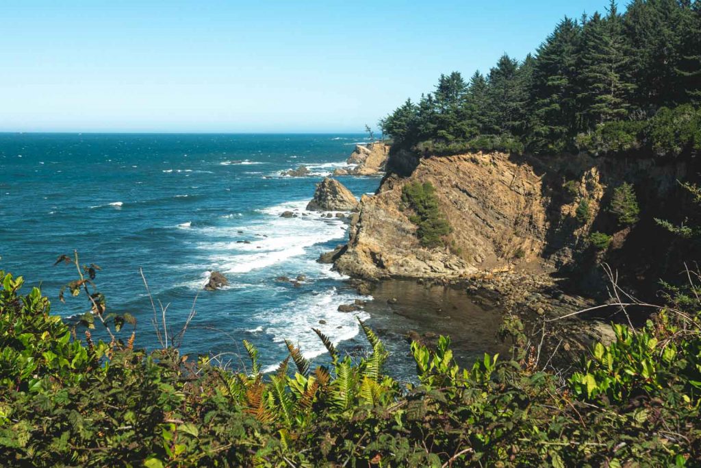 View of sea cliff, beach and ocean at Shore Acres, one of the Oregon Coast State Parks