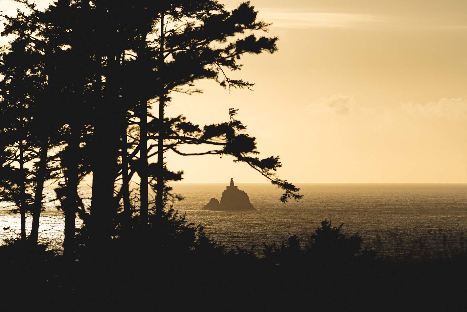 View through trees to Tillamook Rock Lighthouse surrounded by ocean, one of the most scenic Oregon Lighthouses