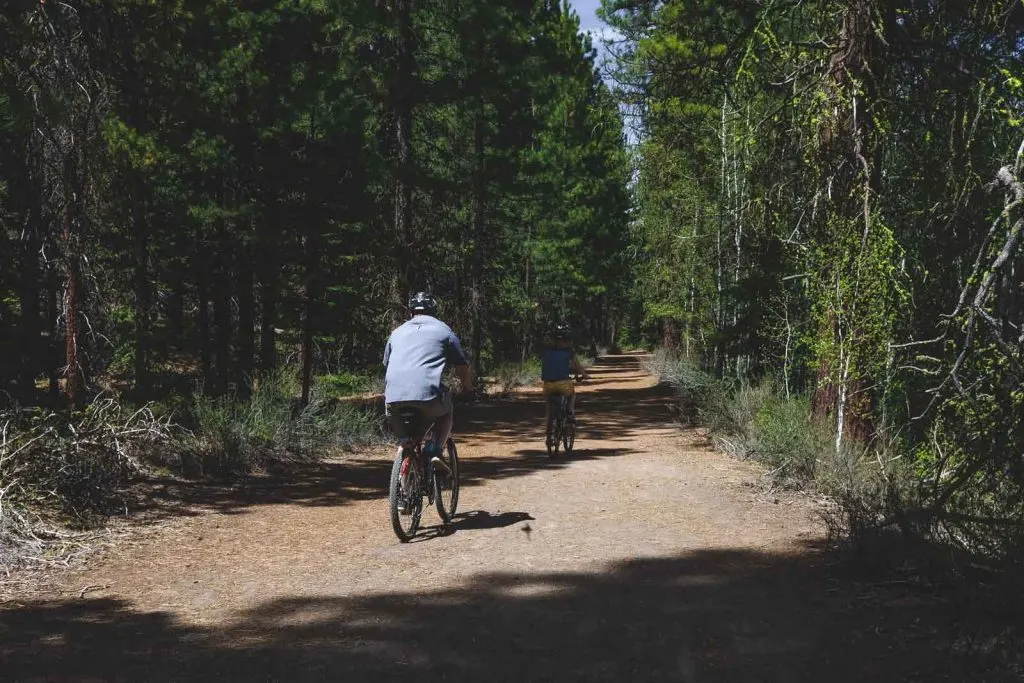 Mountain bikers on a dirt trail in the forest at Newberry National Volcanic Monument