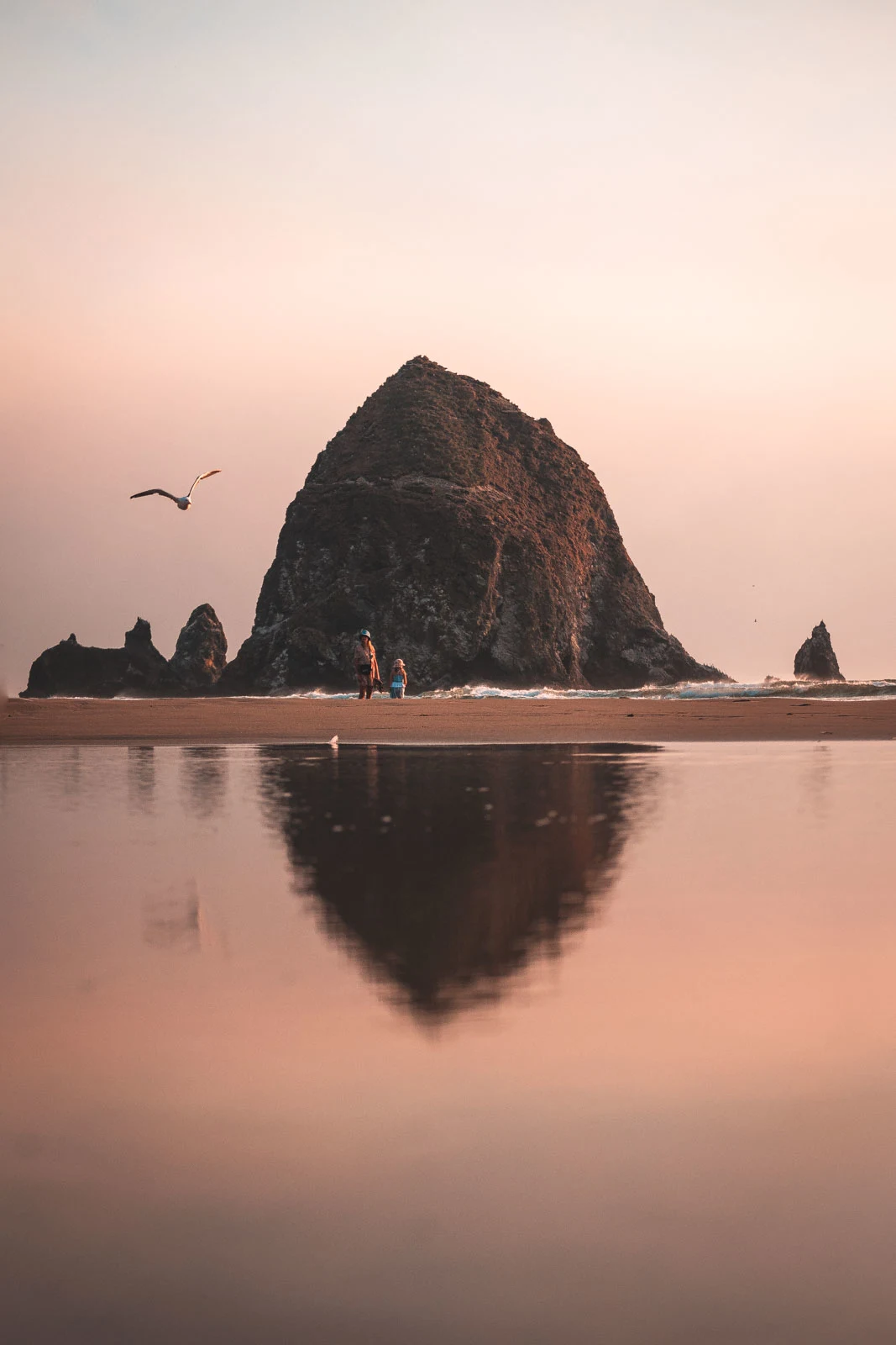 Haystack Rock reflecting in water of Cannon Beach at sunset