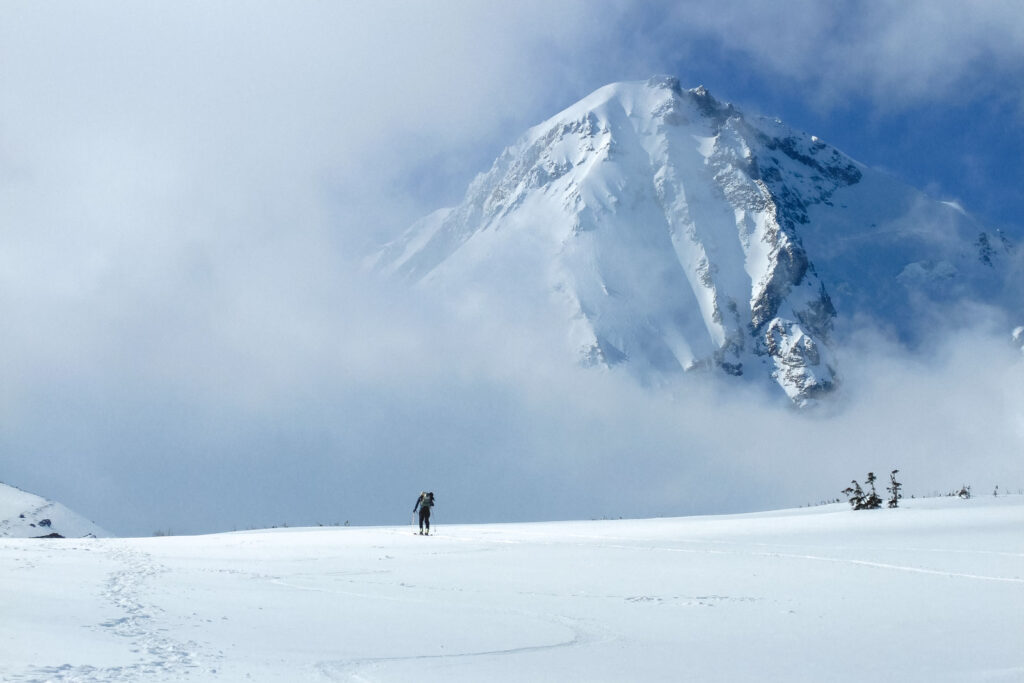 A lone backcountry skier makes his way up the Mt. Hood Cooper Spur route in the Cooper Spur Ski Resort in Oregon