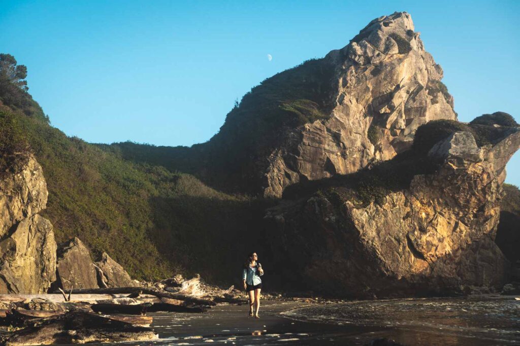 Person walking on beach with cliffs in background at Harris Beach State Park