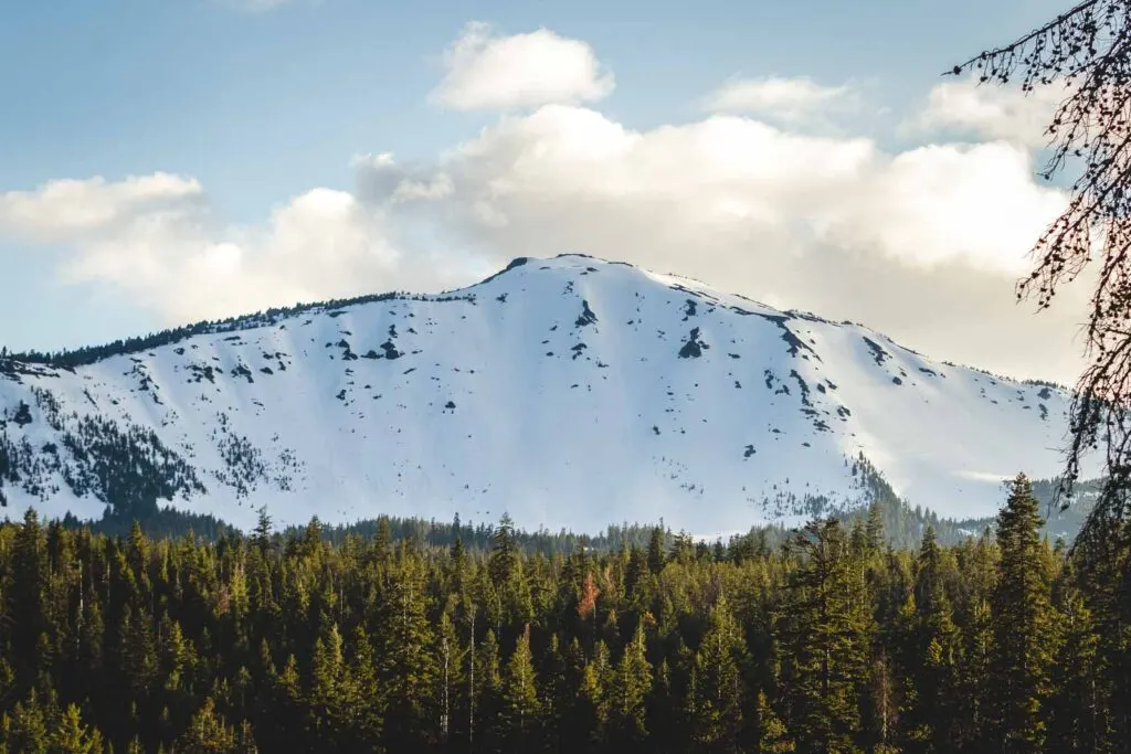 Snow capped mountain surrounded by clouds and with forest in the foreground at Mount Bailey Ski Resort in Oregon