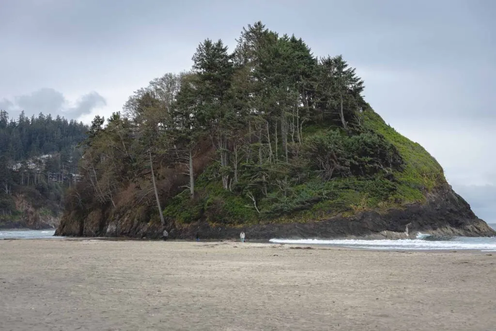 Forest covered island on beach at Neskowin Beach, one of the best Oregon Coast beaches