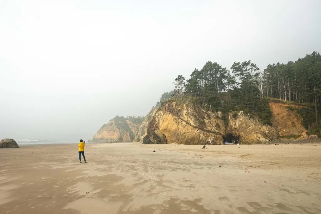 Person walking on beach with sea cliffs in background at Hug Point
