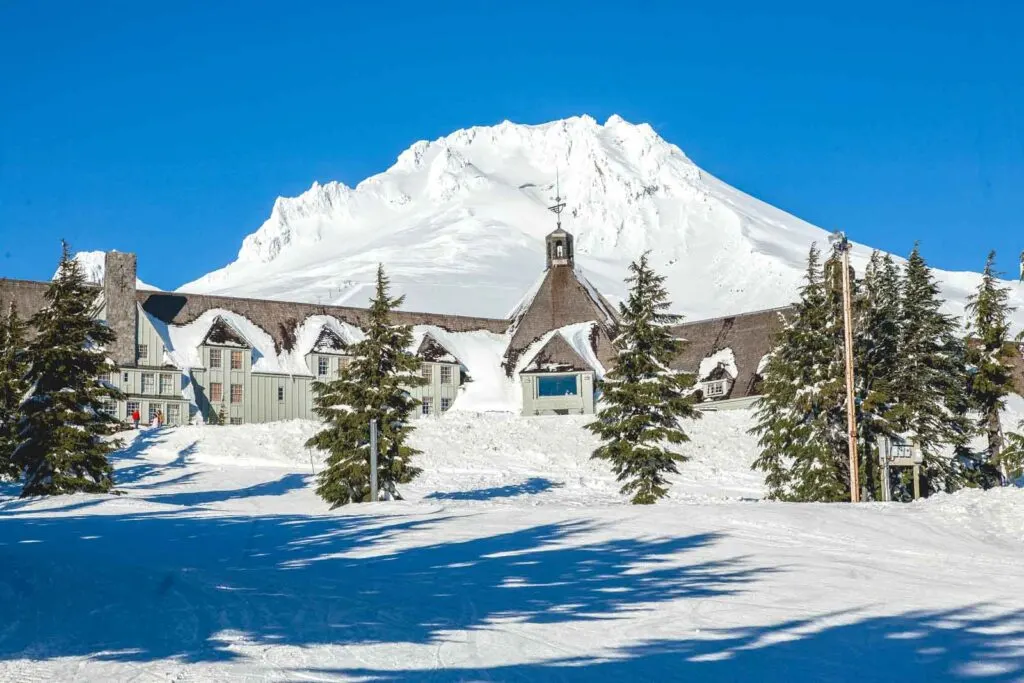 Timberline Ski Resort covered in snow with Mount Hood in the background at Timberline Ski Resort in Oregon