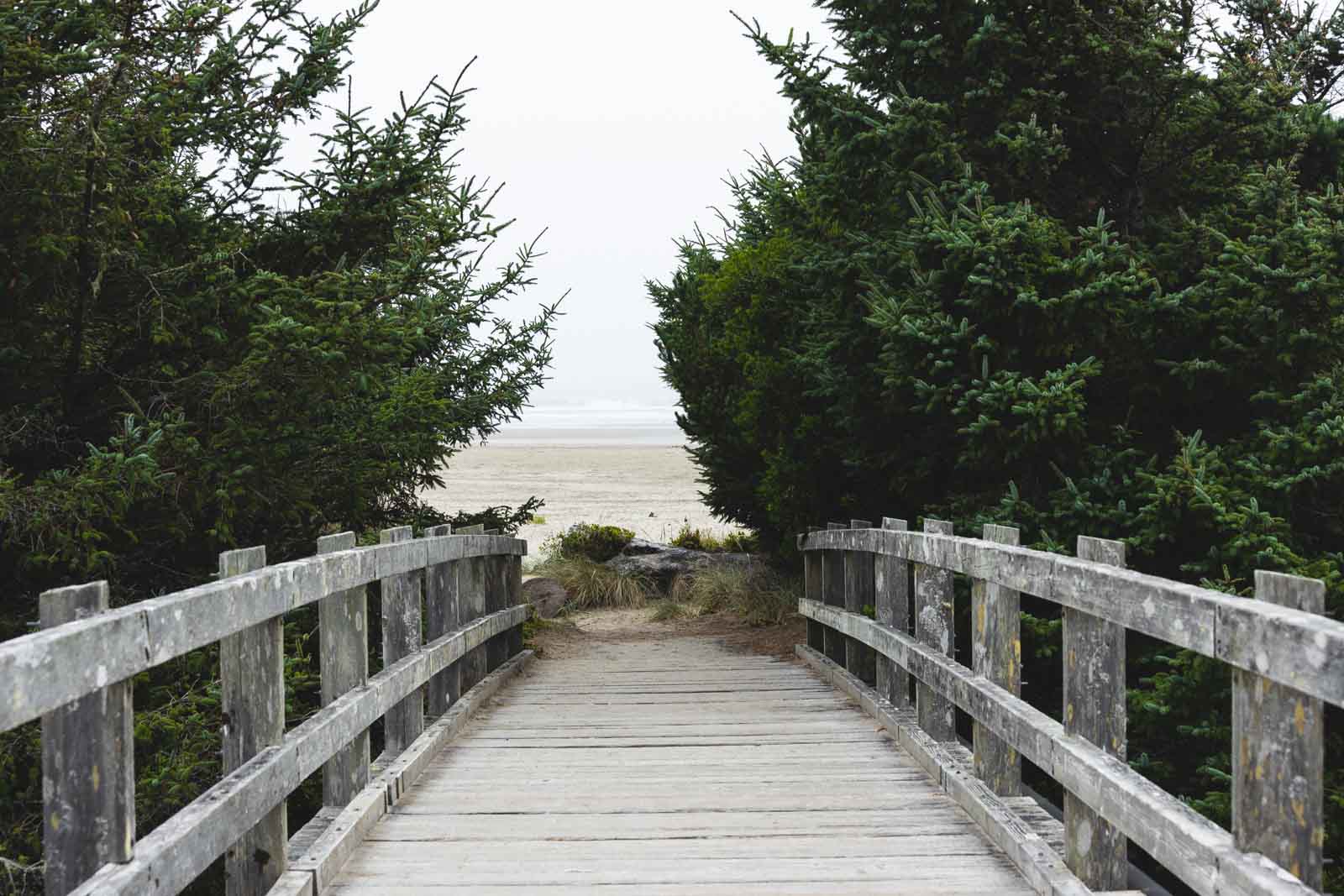 Bridge lined with bushes leading to Ona Beach in Brian Booth State Park.