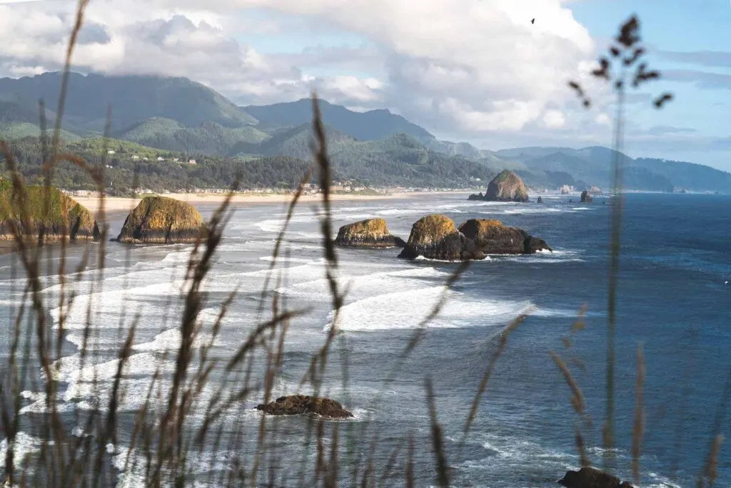 View over beach and rock islands of Ecola State Park, one of the best things to do in Astoria