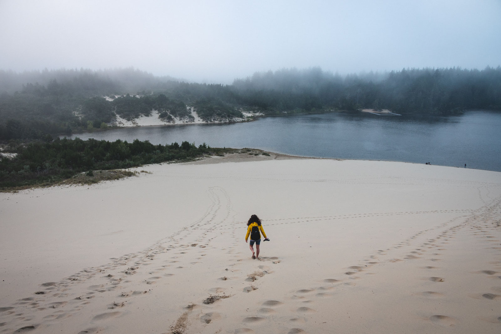 Person walking on beach in the distance on a foggy day at Jessie M. Honeyman State Park.