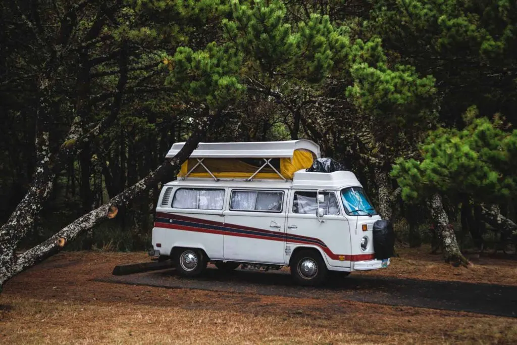 VW van at Nehalem Bay State Park Campground on the Oregon Coast