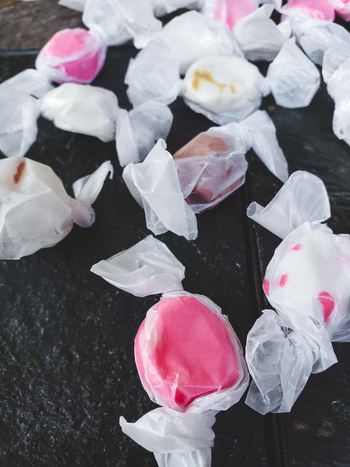 A handful of freshly made delicious salt water taffy from Seaside Oregon.