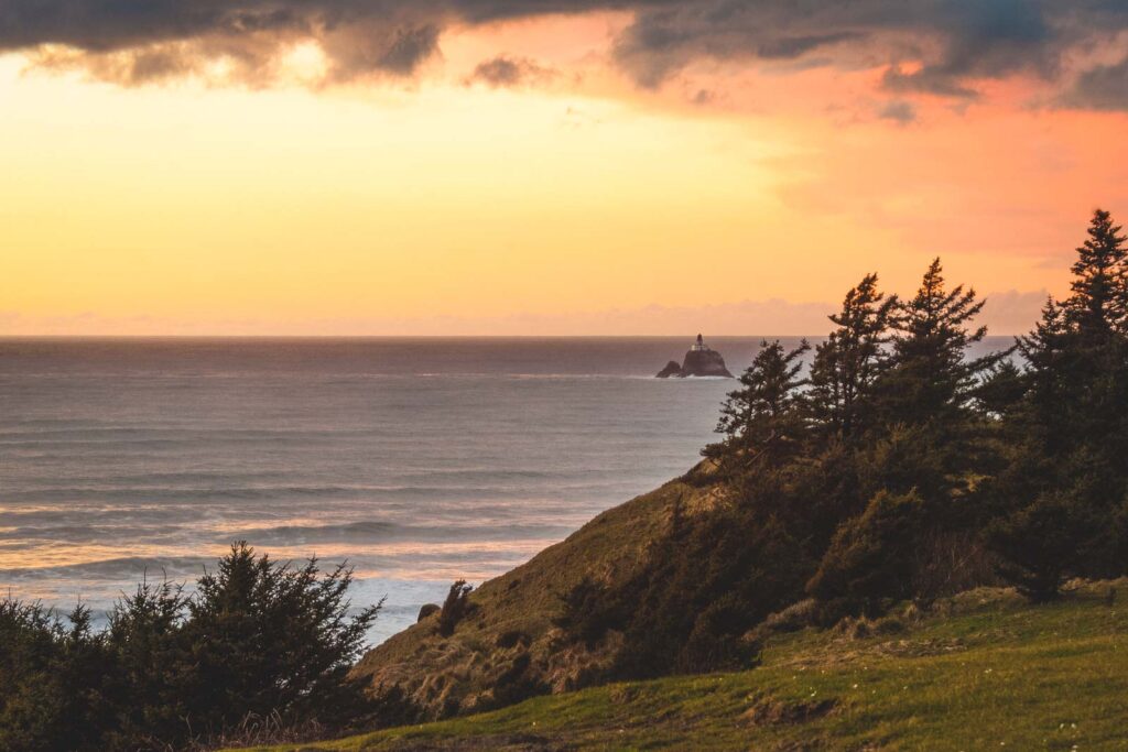 View over Tillamook Head and ocean during sunset