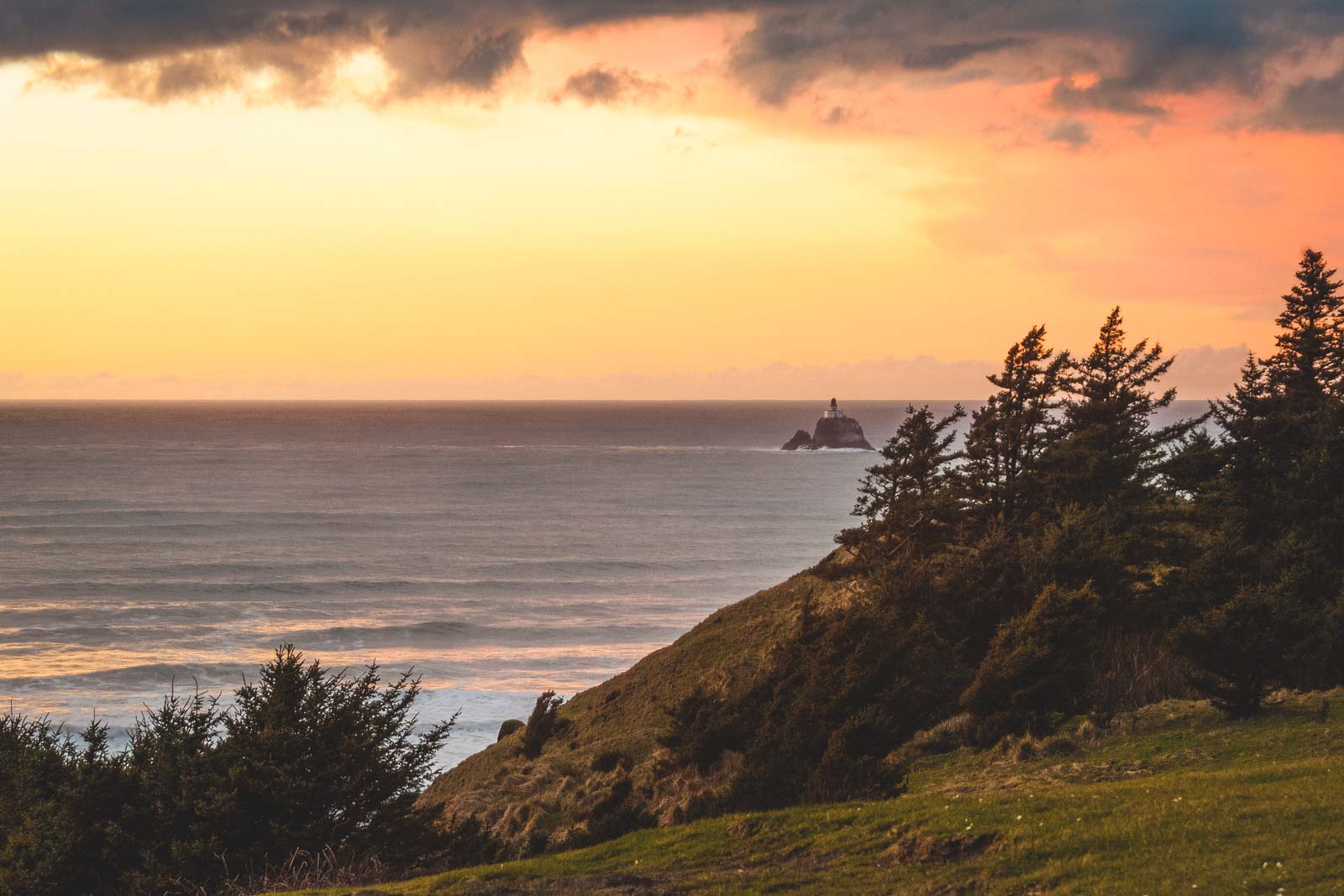 View over Tillamook Head and ocean during sunset