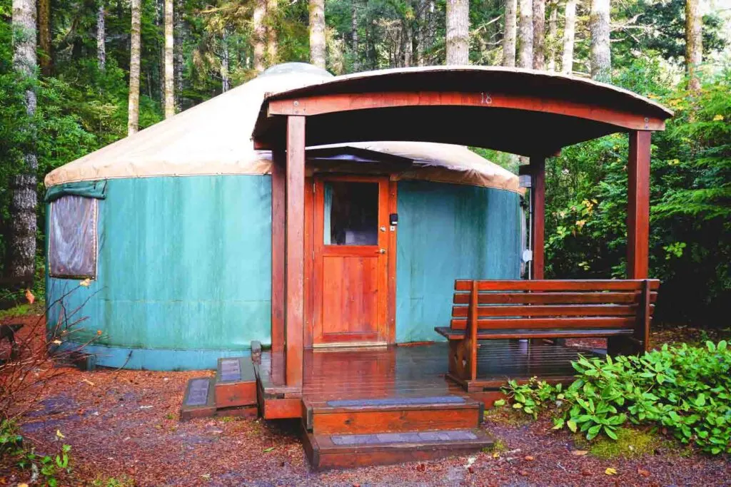 Umpqua Lighthouse State Park Yurt in forest - one of the best yurts on the Oregon Coast