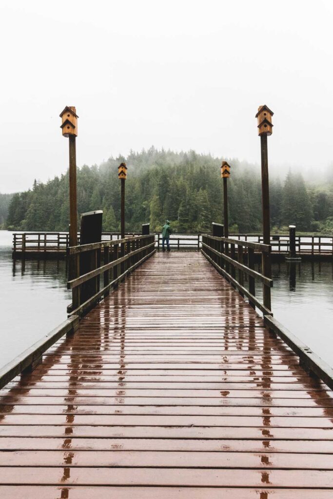 Fishing pier wet with rain at William Tugman State Park