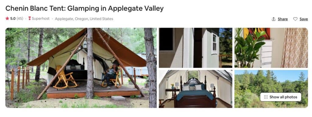 Screenshot of Airbnb for Applegate Valley Glamping in Oregon Chenin Blanc tent