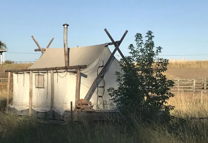 Wall tent with chimney beside a bush - a glamping in Oregon option