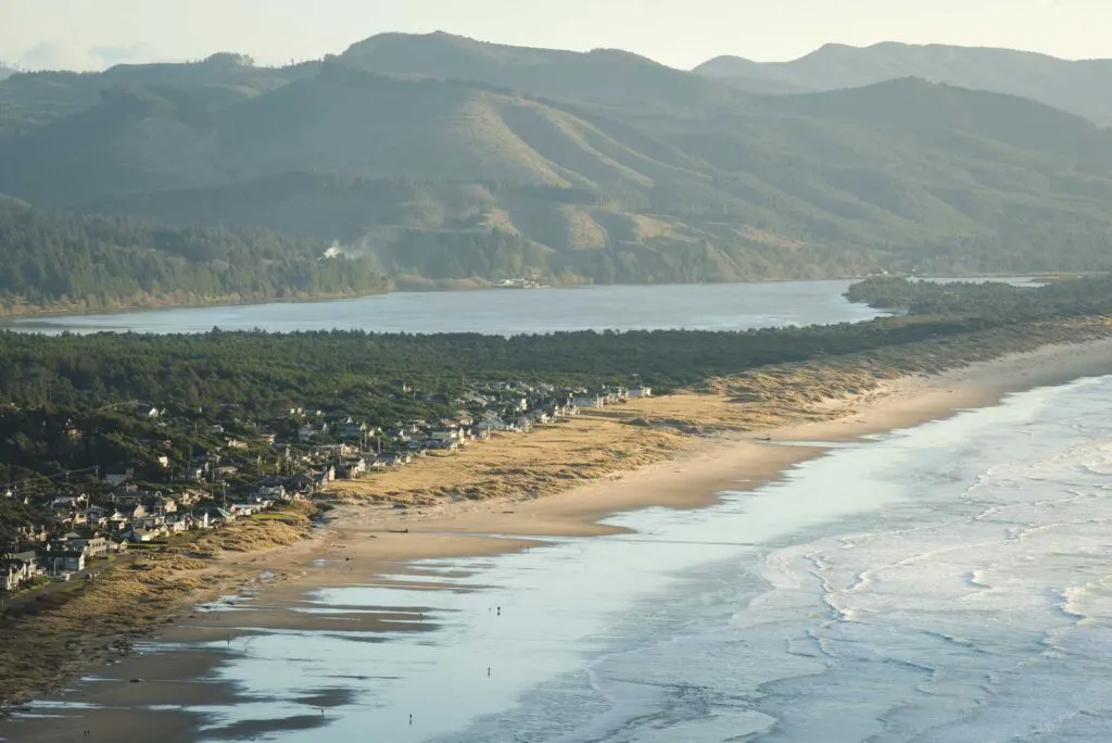 Aerial view of Manzanita, Oregon, Nehalem Bay, and the Pacific Coast