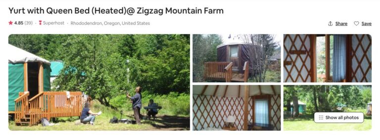 Screenshot of Airbnb for Zigzag Mountain yurt glamping in Oregon