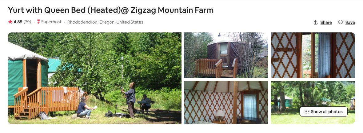 Screenshot of Airbnb for Zigzag Mountain yurt glamping in Oregon