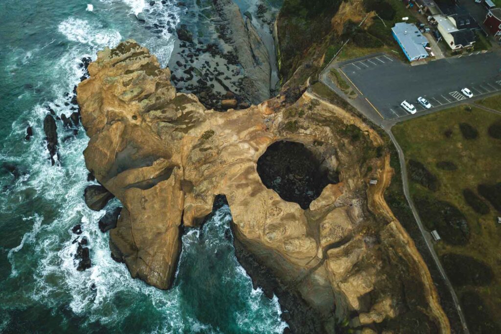 Aerial view of Devils Punchbowl and the ocean near Lincoln City