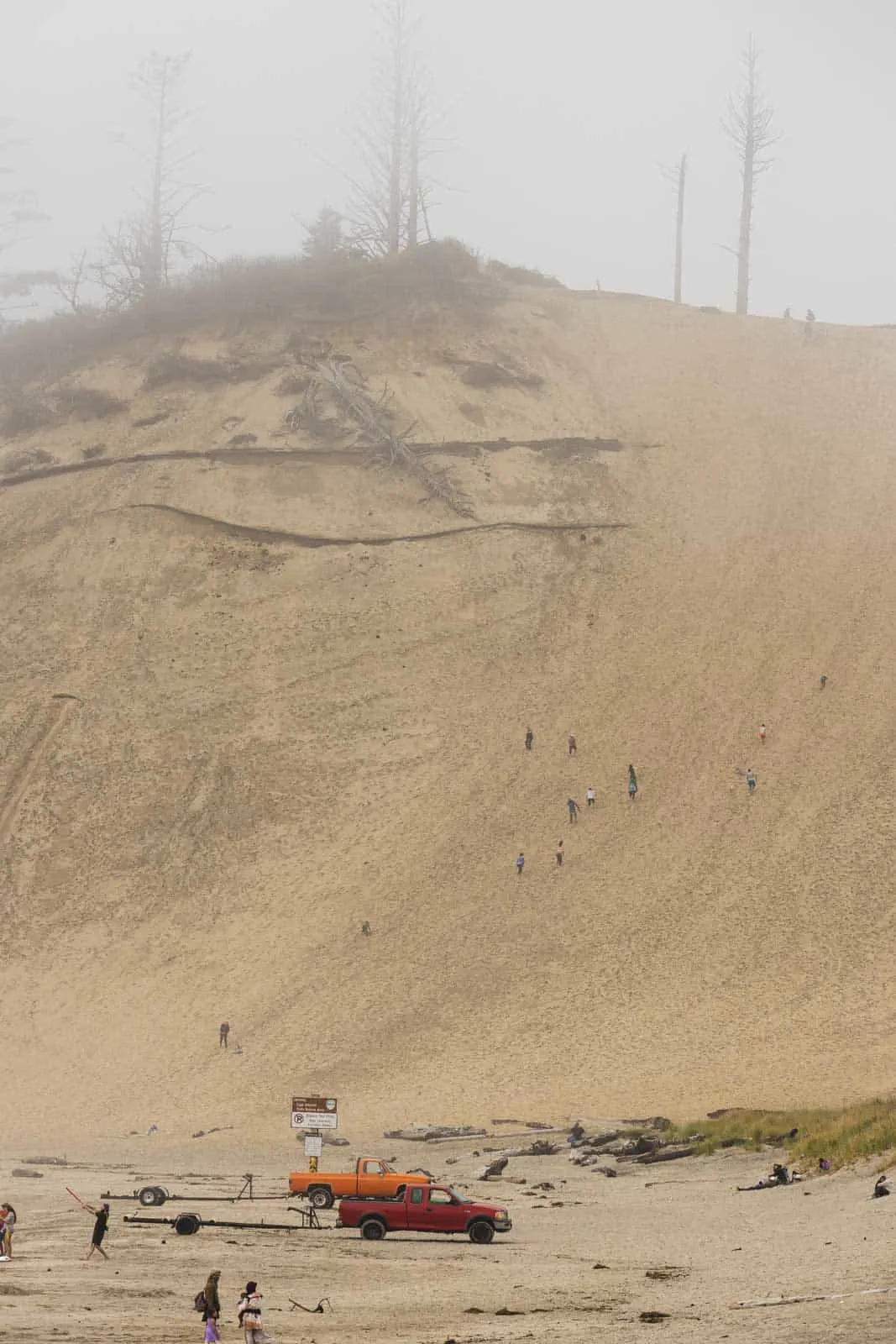 Giant sand dune in the fog with people climbing it at Cape Kiwanda