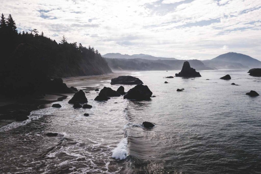 Ocean with rocky outcrops and forested headland at Port Orford in background in black and white