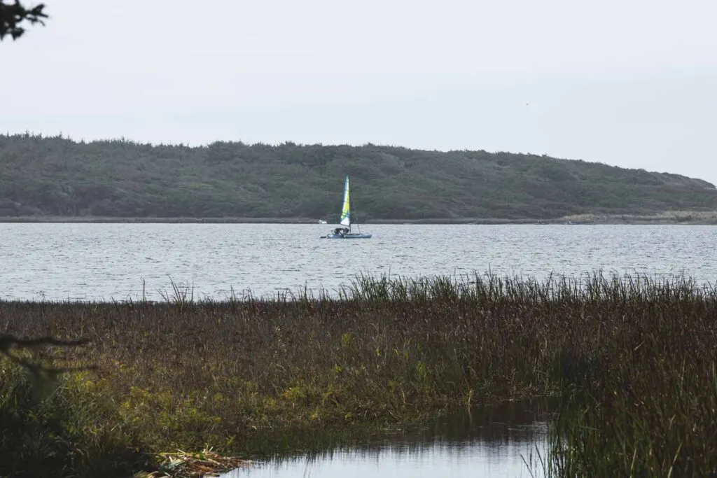 Sailboat on water with forested hills in background at Floras Lake near Bandon Beach