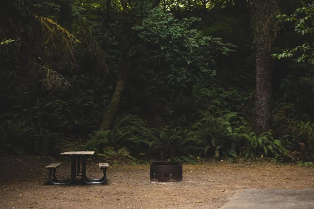 Camping site with fire pit ring and picnic table with trees in the background at Fort Stevens State Park in Oregon