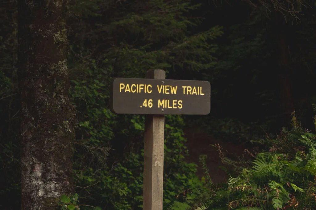 Pacific View hiking trail sign with forest behind it in Cape Blanco State Park