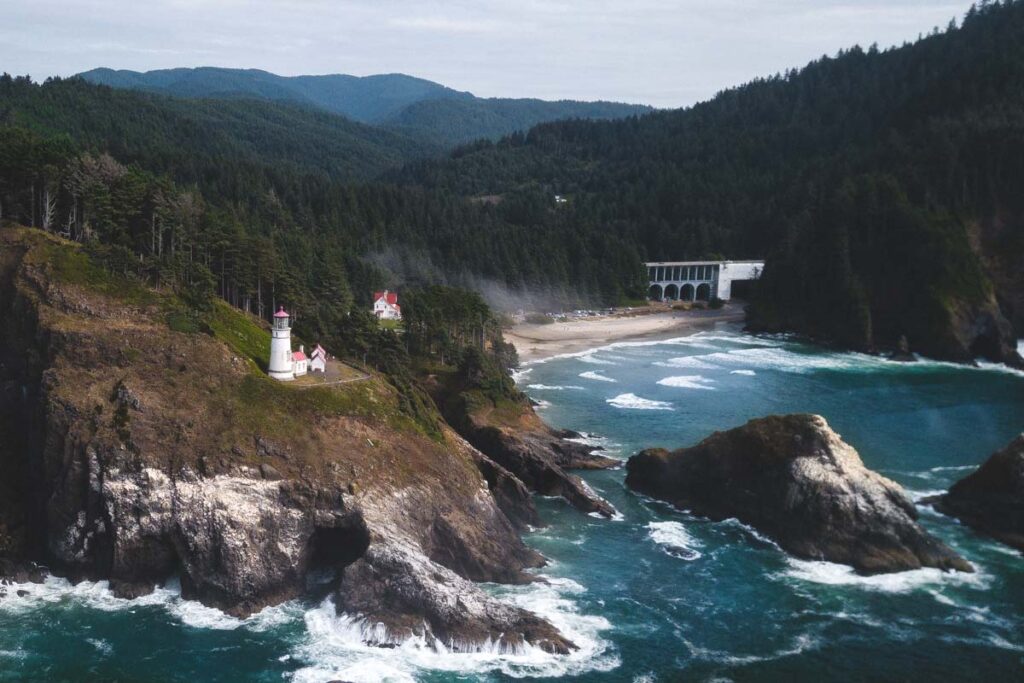 Aerial shot of Heceta Head Lighthouse and near by beach in Oregon.