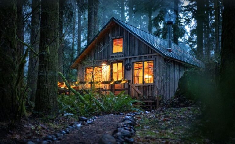 Cedarwood Cabin in the forest at night - one of the best cabins in Oregon