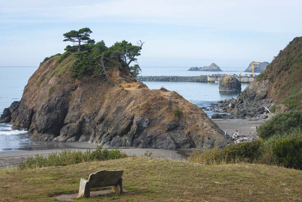 View of Battle Rock in Port Orford, Oregon.