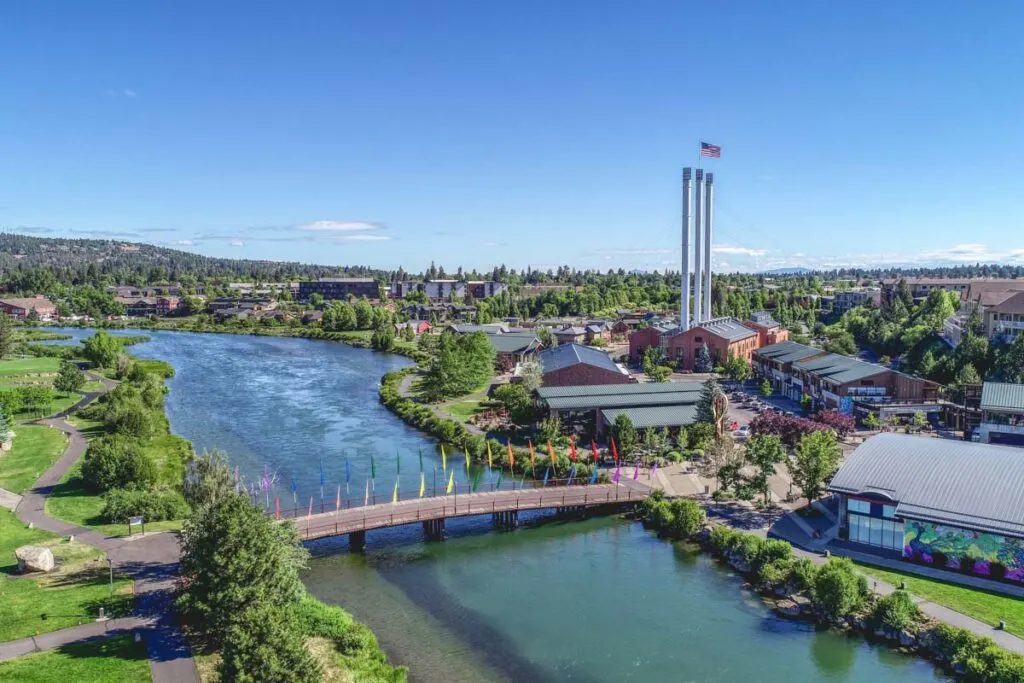 Overhead view of Deschutes River and Old Mill in Bend, Oregon