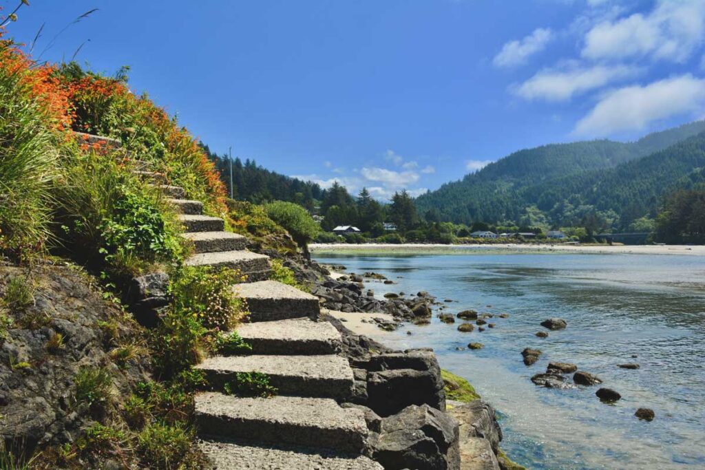 Stairs leading to the water in the coastal town of Yachats, Oregon