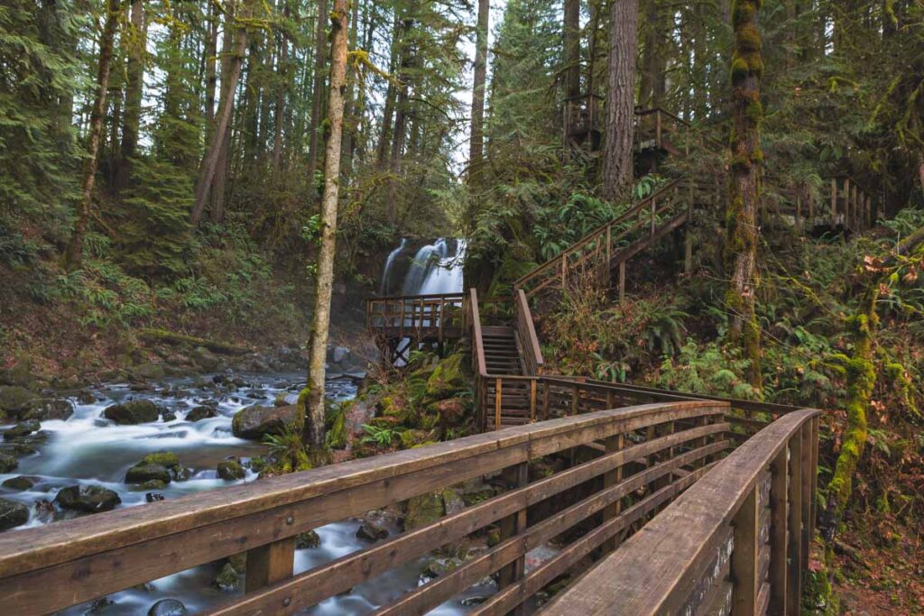 Wooden bridge and staircases on the McDowell Creek Falls Trail in Eugene
