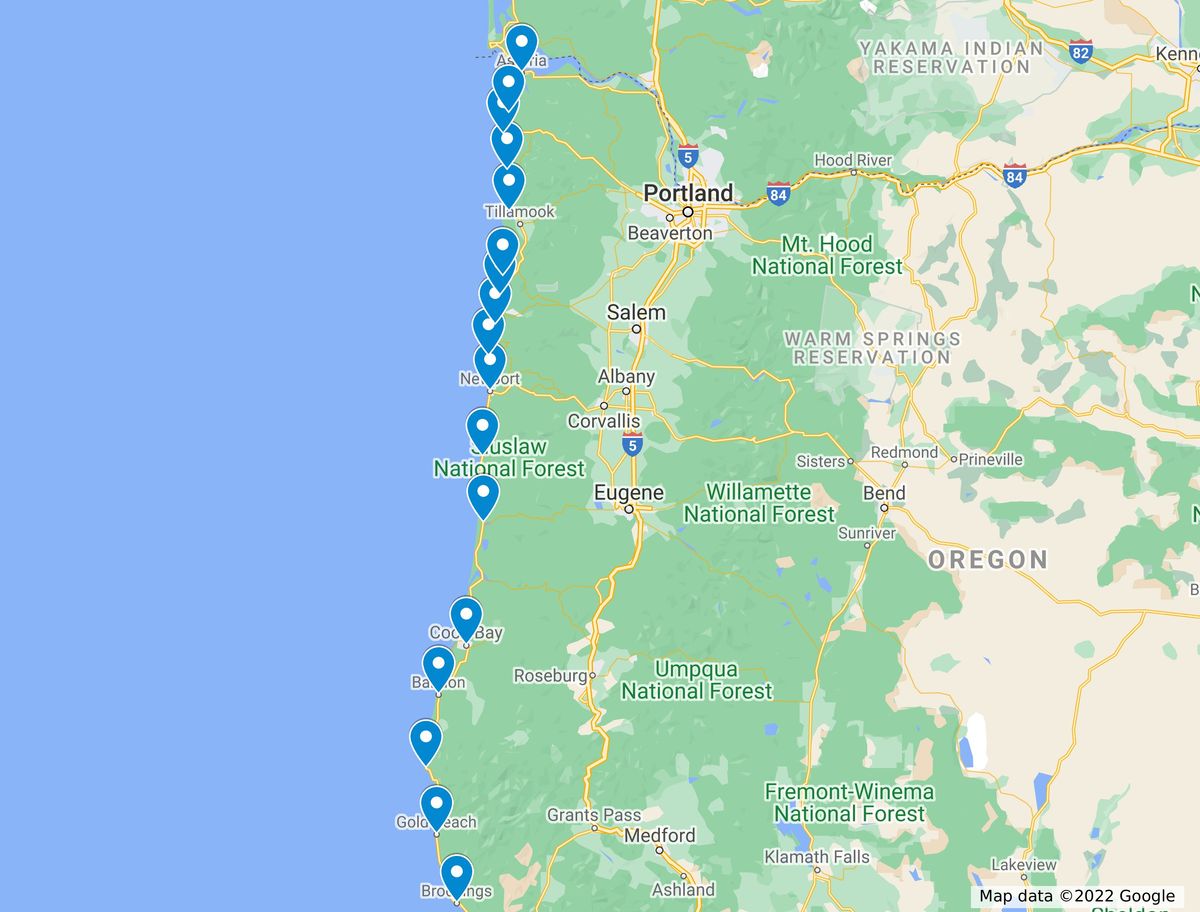 Map of the best Oregon Coast towns pinpointed.