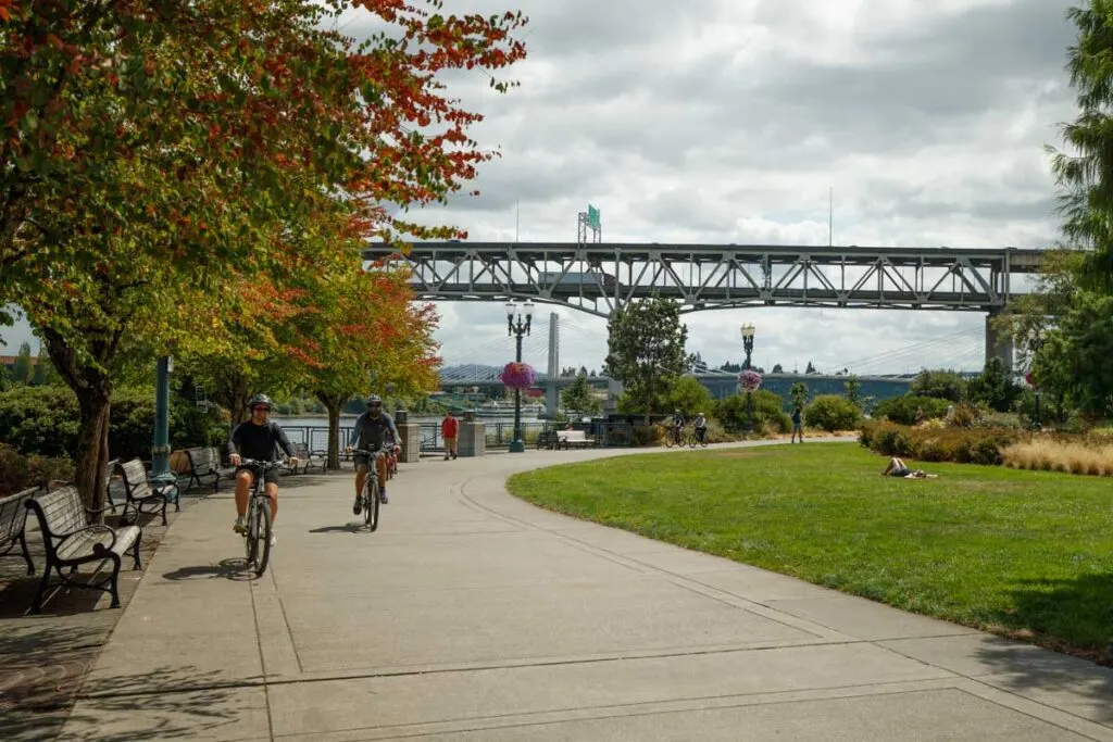 Cyclist on South Park Waterfront Portland beaches