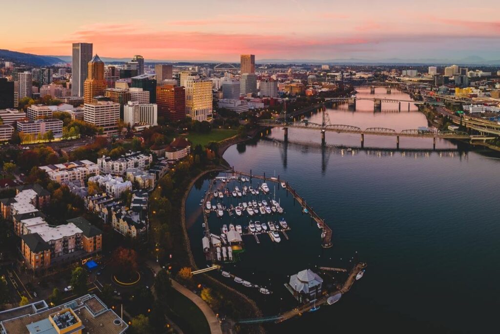 View of downtown Portland from airplane Portland Oregon tours