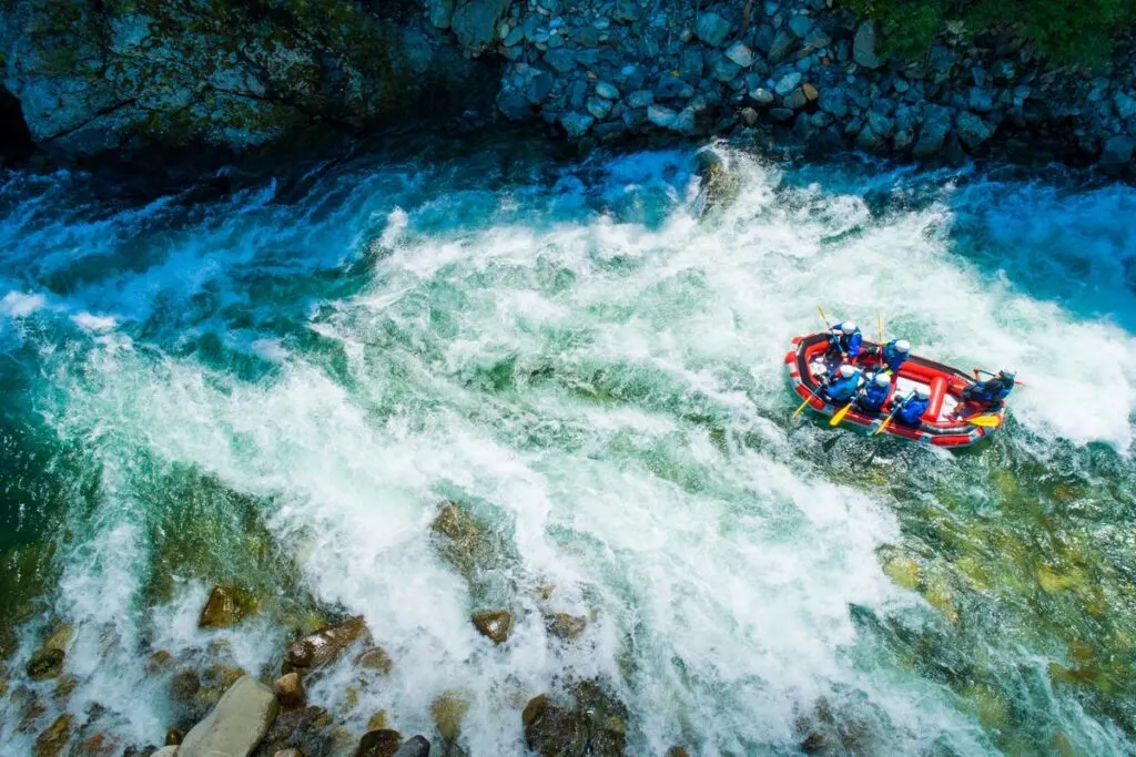 Overhead view of people white water rafting in Oregon