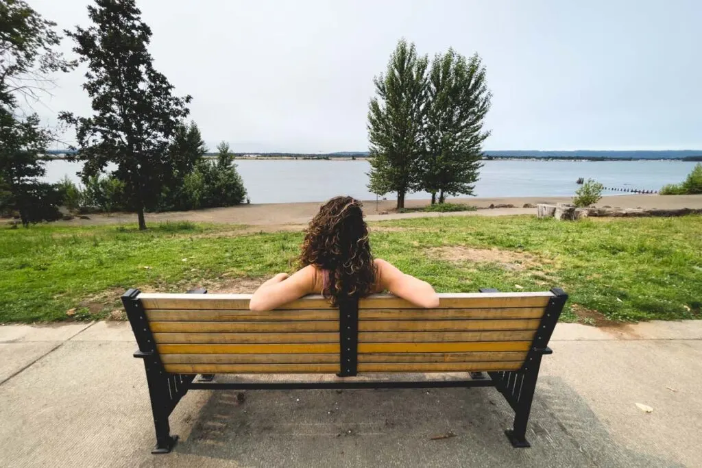 Woman on bench at Wintler Park Portland beaches